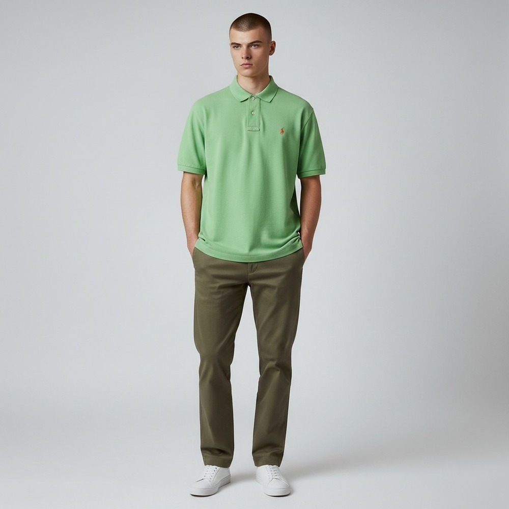 Polo Ralph Lauren Mens Classic Fit Cotton Pique Polo Shirt Green Orange Pony L
